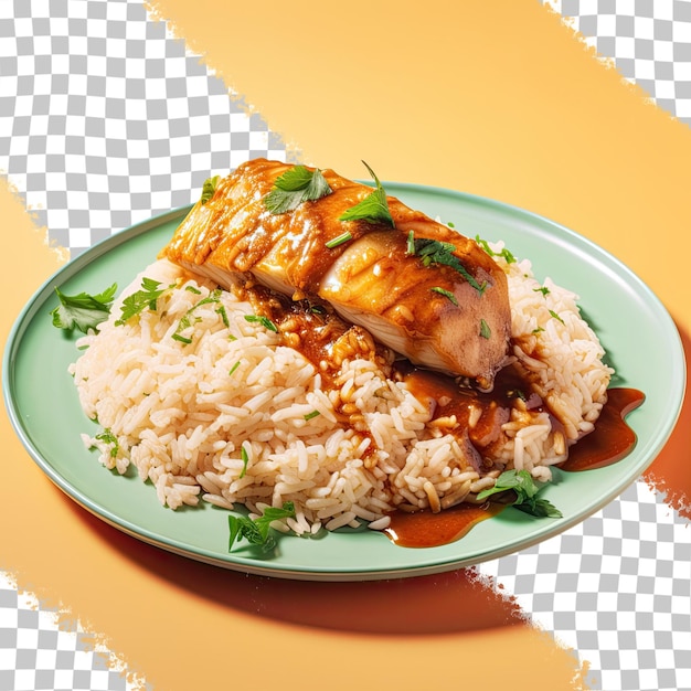 Vegetarian sauce with brown rice and fish isolated on a transparent