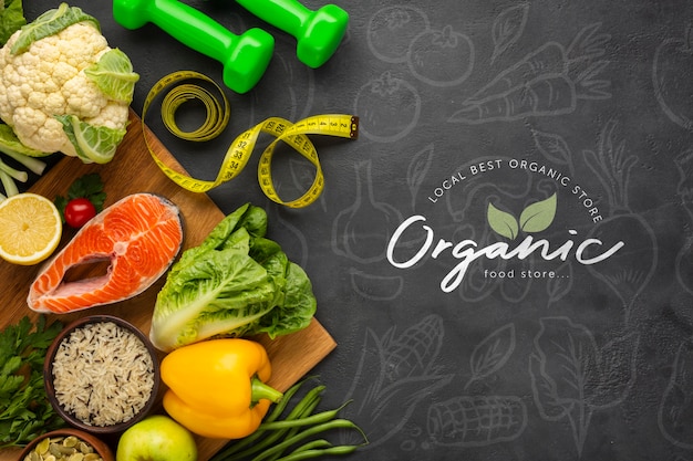 PSD verdure doodle sfondo con cibo sano e manubri