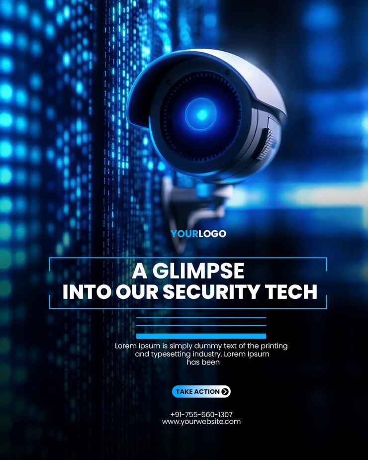 PSD vehicle safety automated surveillance poster template with security camera with blue lights and data visualization in the background