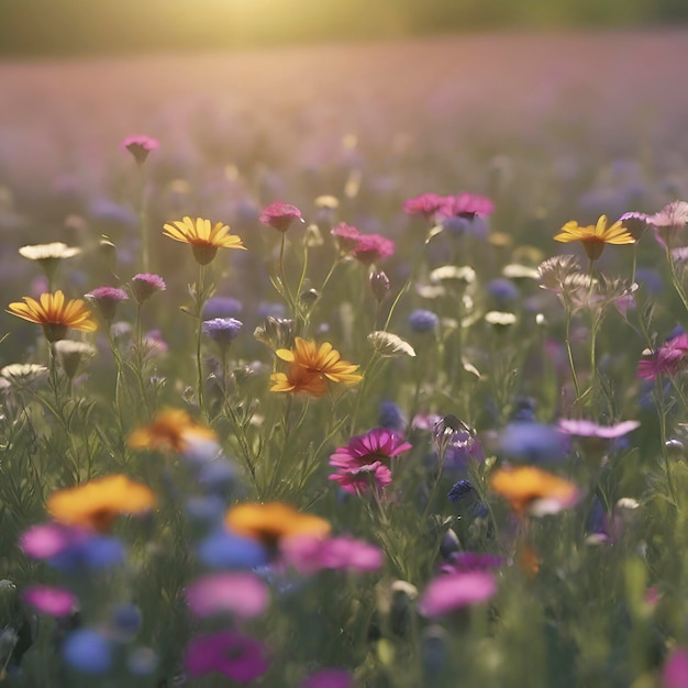 PSD veld van pastelle wilde bloemen met ochtendzonlicht