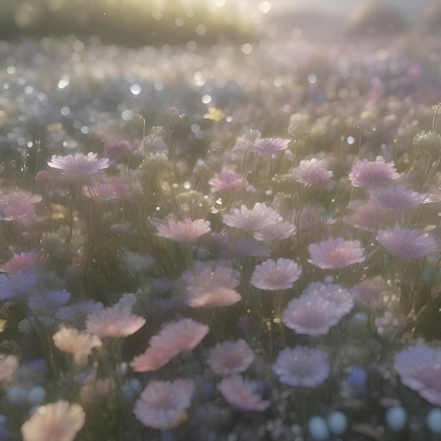 PSD veld van pastelle wilde bloemen met ochtendzonlicht