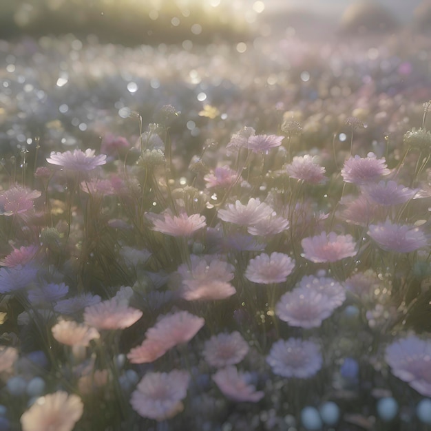 Veld van pastelle wilde bloemen met ochtendzonlicht