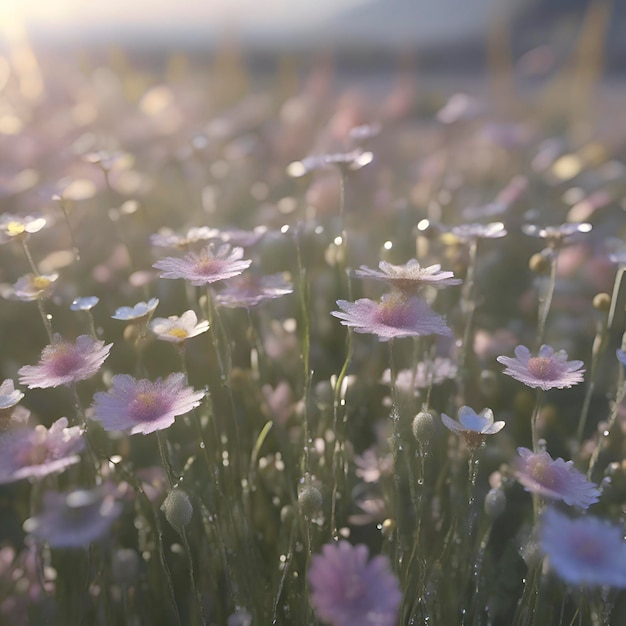 PSD veld van pastelle wilde bloemen met ochtendzonlicht