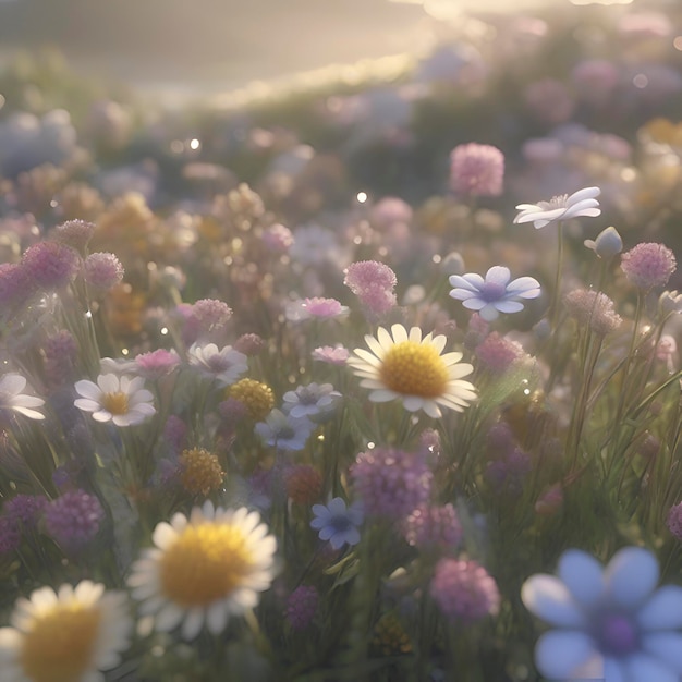 Veld van pastelle wilde bloemen met ochtendzonlicht