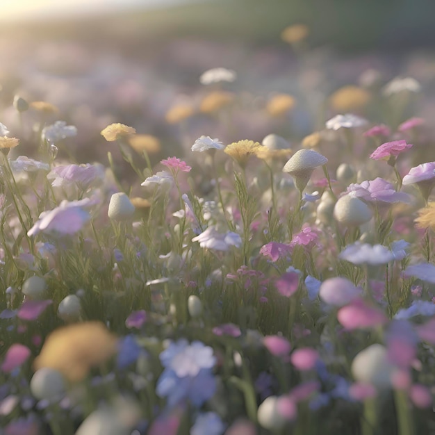 PSD veld van pastelle wilde bloemen met ochtendzonlicht