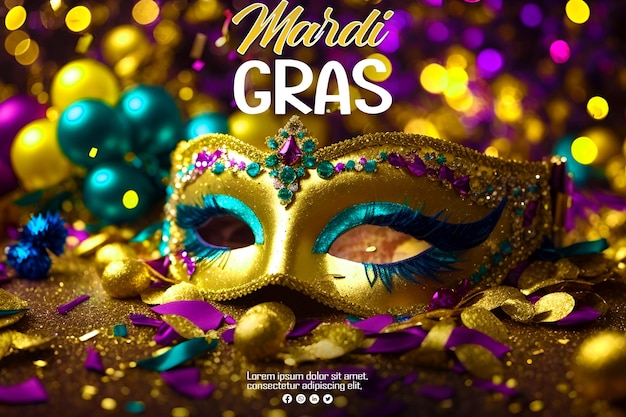 Venetiaanse carnavalmasker en kralen decoratie mardi gras achtergrond