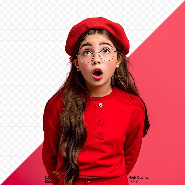 Verbaasd jong meisje in een casual rode outfit met een baret en een bril die naar de camera kijkt terwijl ze tegen een roze geïsoleerde achtergrond staat