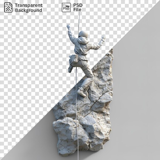 Verbazingwekkende 3d rotsklimmer die nieuwe hoogten bereikt met een touw omringd door een witte muur en een standbeeld terwijl ze hun arm uitstrekken voor evenwicht