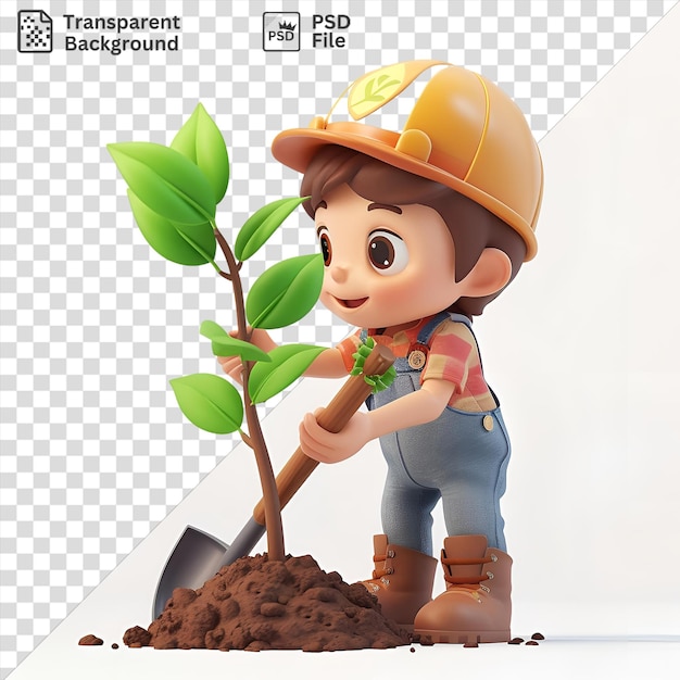 Verbazingwekkende 3d tuinier cartoon het planten van een boom met een schop het dragen van een oranje en gele hoed bruine laarzen en het houden van een speelgoed terwijl omringd door groene bladeren