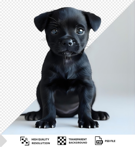 Verbazingwekkende kleine zwarte puppy zit in de studio met floppy oren bruine ogen en een zwarte neus die rechtstreeks naar de camera kijkt tegen een witte muur png psd
