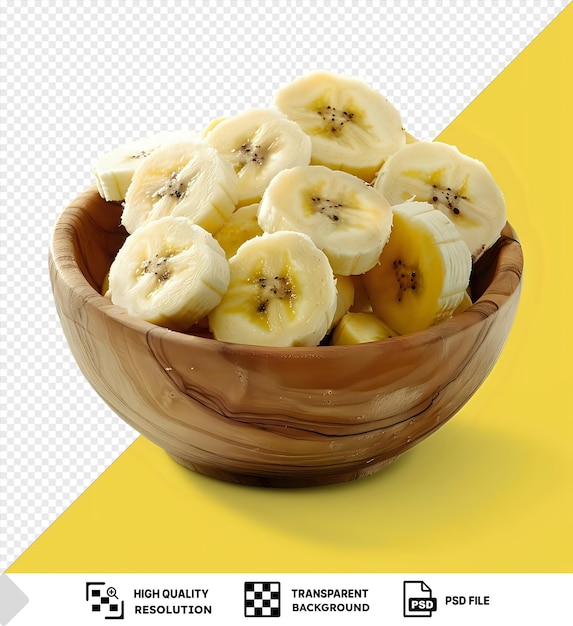 PSD verbazingwekkende set gehakte bananen in een houten schaal geïsoleerd op een doorzichtige achtergrond png psd