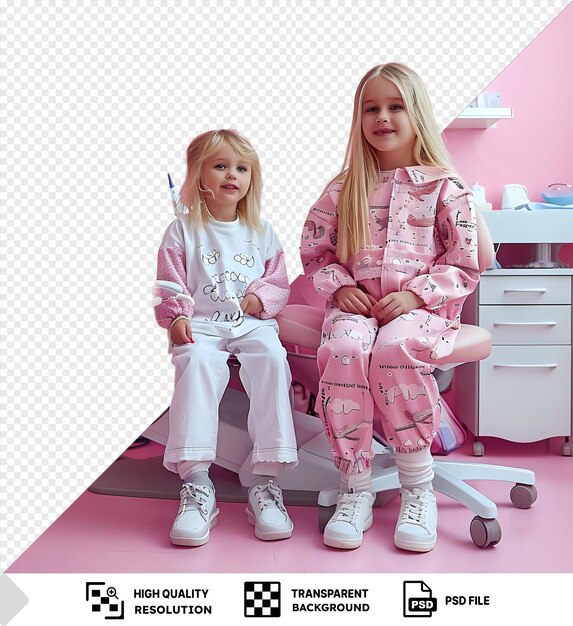 PSD verbazingwekkende tanden behandeling voor een jong meisje met lang blond haar zit op een roze stoel voor een roze muur draagt een wit shirt en roze en witte broek met een witte plank en png