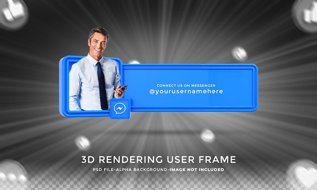 Verbind me op messenger sociale media onderste derde 3d-ontwerp render pictogrambadge met frame