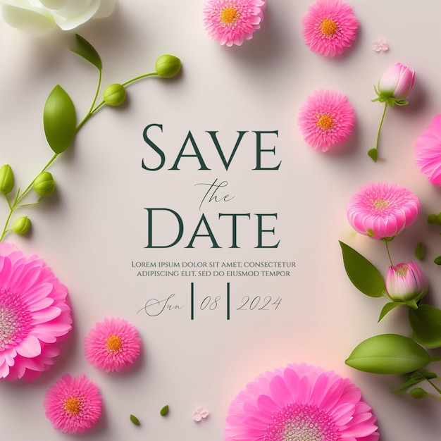 PSD verfijnde bloemen save the date bruiloftsuitnodiging elegantie roze pompom bloemen bruiloftsinvitatie