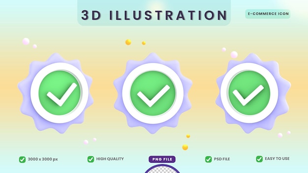 PSD verified with badge 3d illustration for ecommerce icon