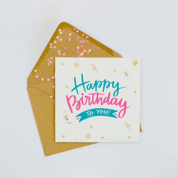 PSD verjaardag brief en envelop met glitter en confetti