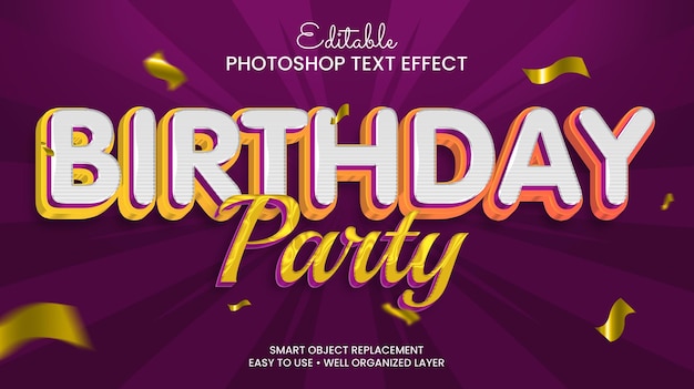 Verjaardagsfeestje 3d teksteffect premium psd met sunbrush-achtergrond