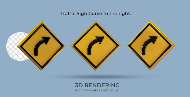 PSD verkeersbord curve naar rechts 3d-rendering transparante achtergrond