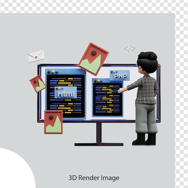Verkkokehittäjä työskentelee projektin parissa 3D-kuvitus, käytetään verkkosivuilla, sovelluksessa, infografiikassa