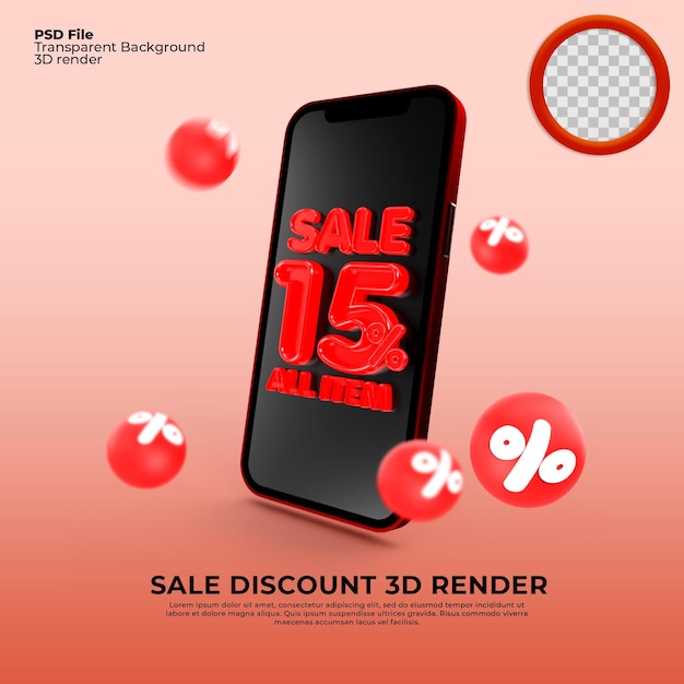 Verkoopkorting 15 percentage in telefoonmodel 3d render zwarte en rode kleuren