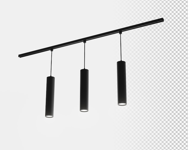 Verlaagde plafondlampen of trackspots 3d render Realistische mockup van hangende kroonluchter met zwarte metalen lange buizen voor modern interieur geïsoleerd op witte achtergrond