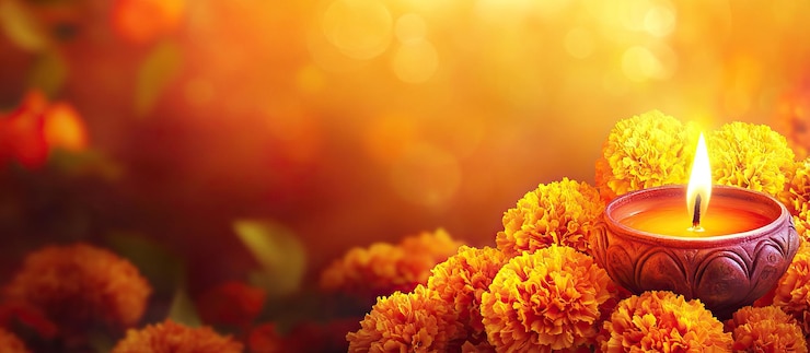 PSD verlicht kaars op marigoldbloemen