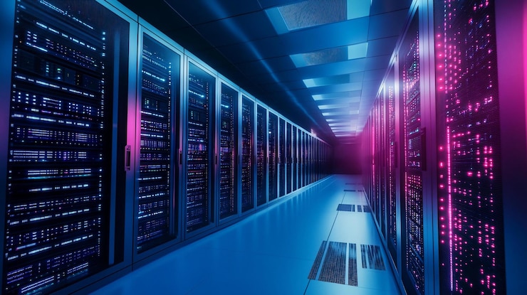 PSD verlichte serverruimte met rijen gegevensopslagrakken