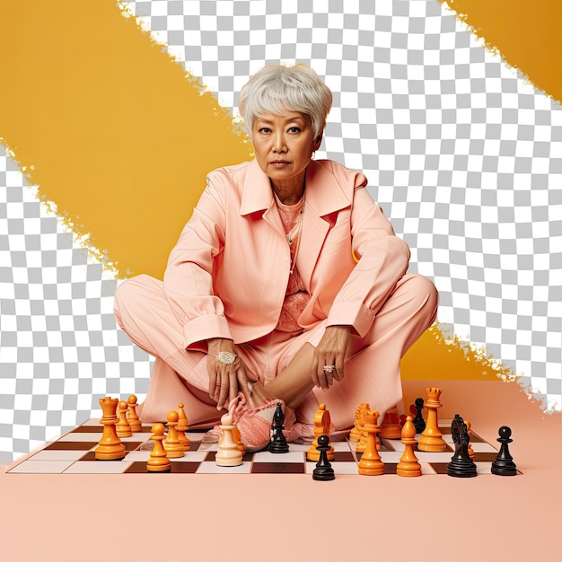 PSD verontwaardigde ouderling in schaakkleding oost-aziatische ouderling met kort haar poseert op een abrikozen achtergrond