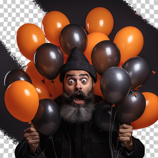 PSD verrast man met heksenhoed houdt halloween-ballonnen vast