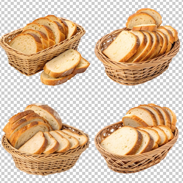 Vers gebakken broodstukken in een wicker mand geïsoleerd op een doorzichtige achtergrond