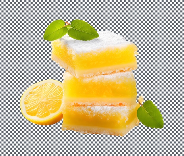 Vers gebakken citroenrepen of citroenvierkanten met suikerpoeder op een geïsoleerde transparante achtergrond