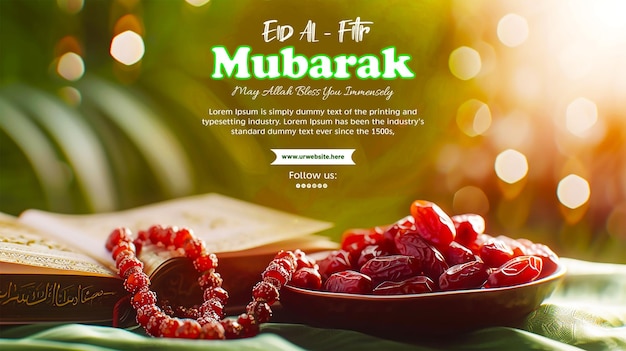 PSD vers groen ramadan achtergrondconcept met dadels rozenkrans en de heilige koran op het doek