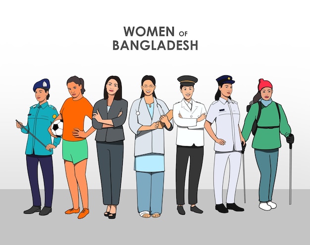 verschillende professionele vrouwen van bangladesh bewerkbaar psd-illustratiebestand