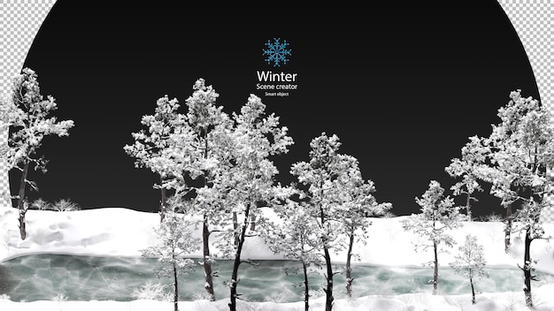 Verschillende winterbomen omgeven het uitknippad van de bevroren stroom