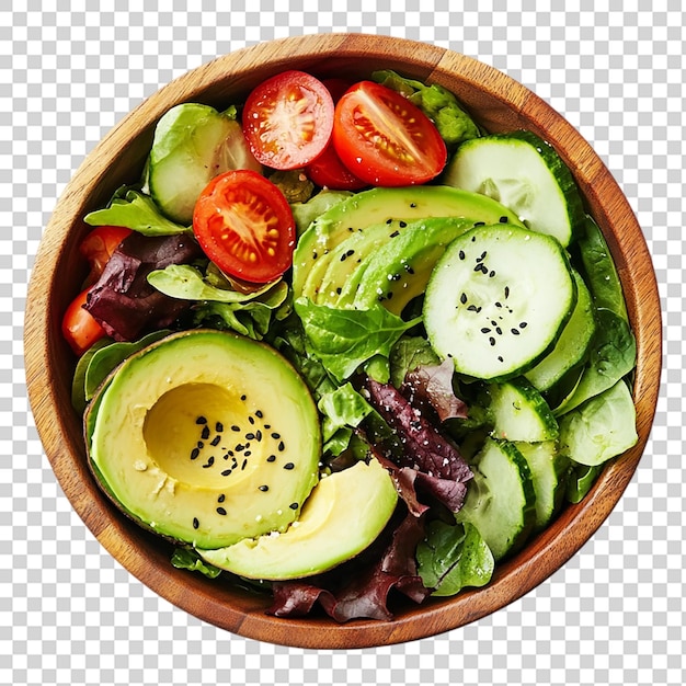 Verse en gezonde salade met avocado op een houten schaal op een doorzichtige achtergrond