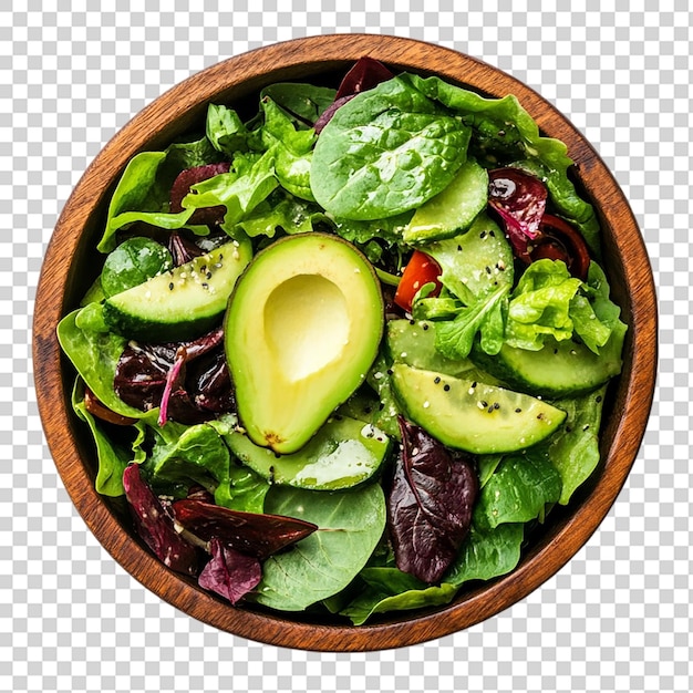Verse en gezonde salade met avocado op een houten schaal op een doorzichtige achtergrond