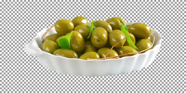Verse groene olijven met bladeren op wit dienblad met transparante achtergrond