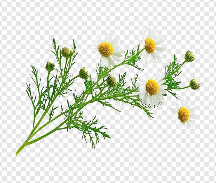 Verse kamillebloemen met groene bladeren en stengels