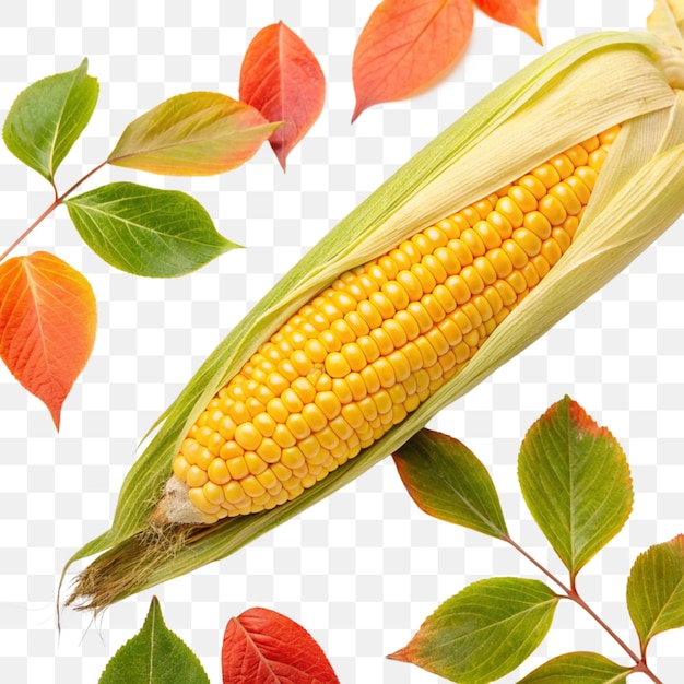 Verse maïs op de kolf met herfstbladeren op een doorzichtige achtergrond