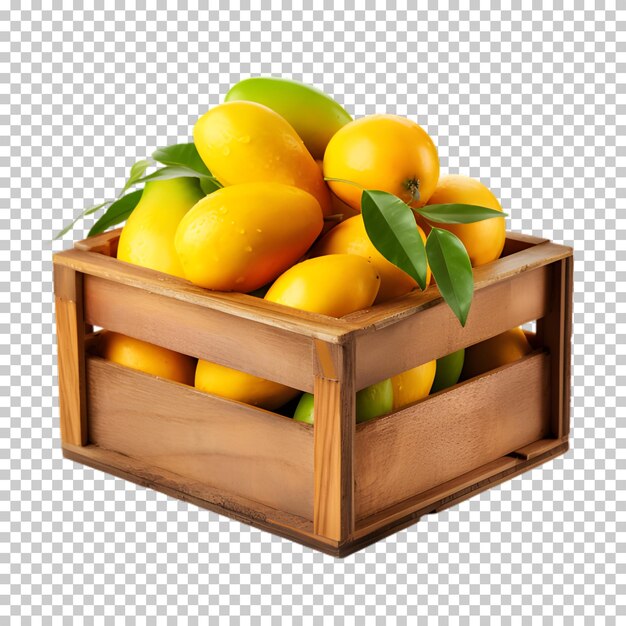PSD verse mango in een houten doos geïsoleerd op een doorzichtige achtergrond
