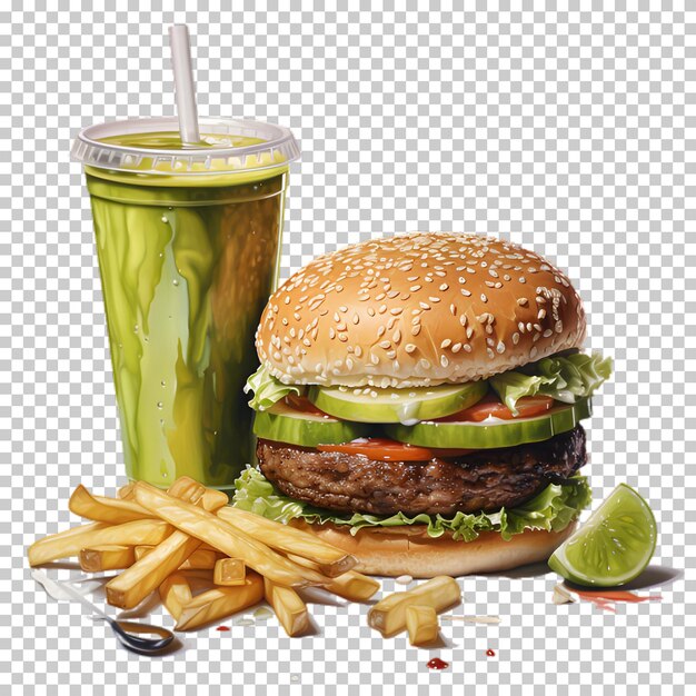 PSD verse rundvleesburger met groene smoothie geïsoleerd op een doorzichtige achtergrond