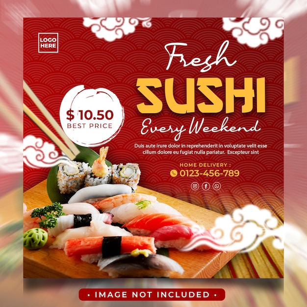 verse sushi-flyer en sjabloon voor sociale media met vierkante banner