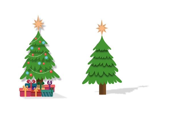 Versierde en niet versierde kerstboom met sterren en geschenken op een witte achtergrond