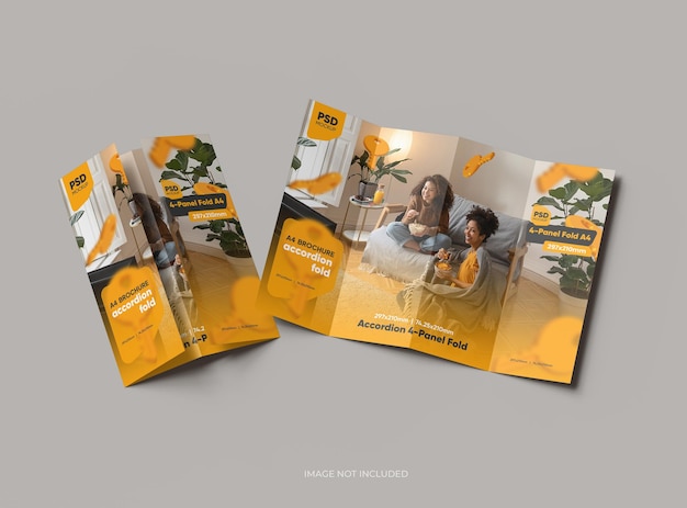 Verstelbare accordeon 4 paneel vouw A4 folders mockup om uw ontwerp 3d render te presenteren