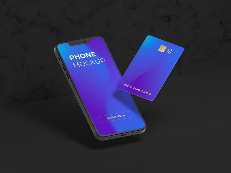 verticaal creditcard en telefoon mobiele scherm mockup drijvend