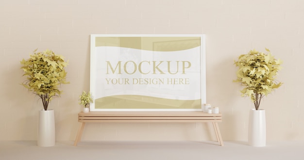 verticaal wit frame mockup staande op de houten wand bureau met decoratieve planten