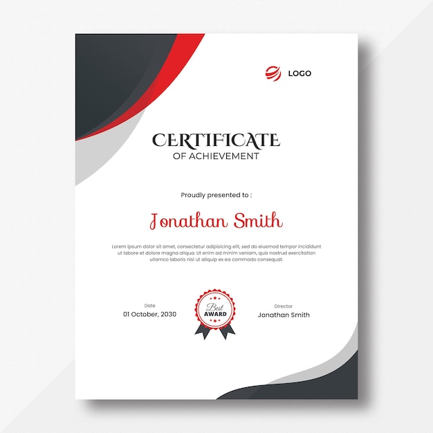 Vertical abstract grey and red waves certificate template design