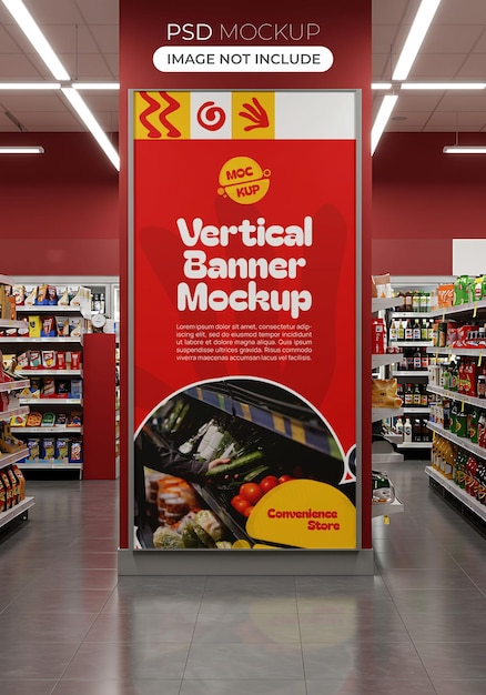 コンビニで赤と黄色のテーマの小売ディスプレイデザインを設定する垂直バナーモックアップ