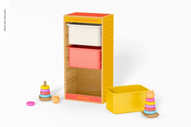 PSD vertical bins storage for kids mockup, perspective