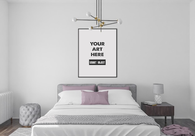 Mockup di cornice nera verticale in camera da letto